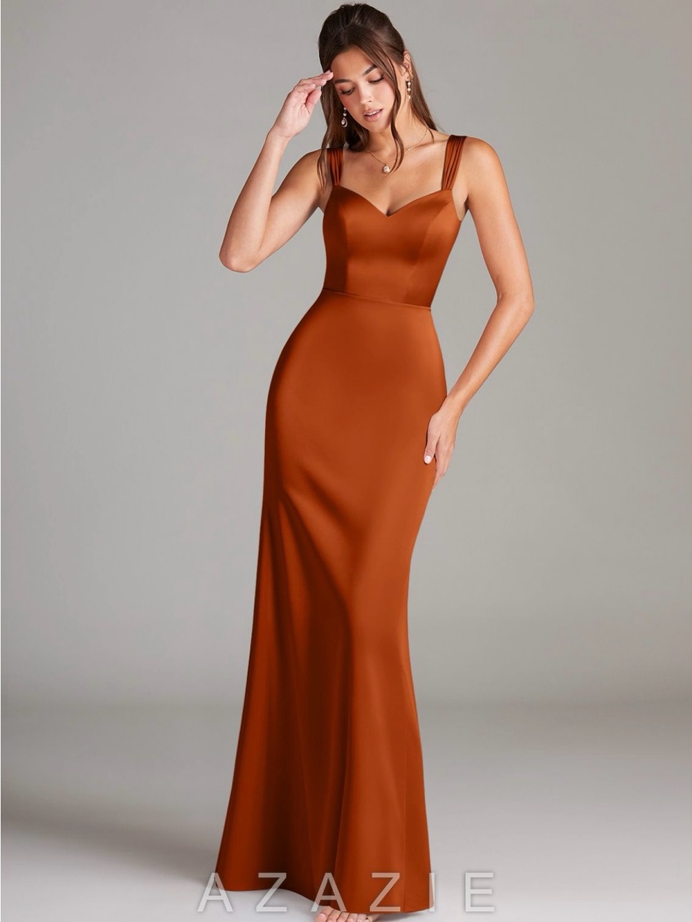 Azazie Denice Burnt Orange Sheath Pleated Stretch Satin Bridesmaid Dress